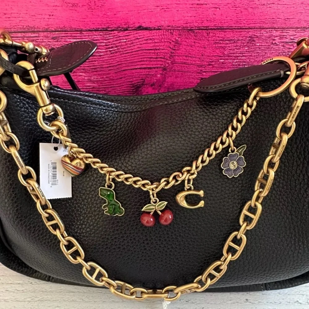 NWT Coach Motif Chain Bag Charm Rexy Tea Rose Cherries Heart Brass Mult…